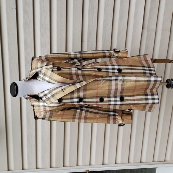BURBERRY GOLD SHIMMER METALLIC CHECK PLAID TRENCH COAT - Picture 16 of 16